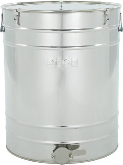 LYSON Abfüllbehälter 200l (ca. 280 kg) für Honig Abfülleimer mit rostfreiem Quetschhahn Edelstahl 2" Absetzbehälter zum Honigaufbewaren Abfüllkübel mit Deckel, Griffen, Halterungen und Dichtung