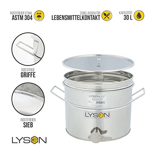 LYSON Abfüllbehälter 30l (ca. 40 kg) für Honig mit rostfreiem Quetschhahn, Edelstahl Absetzbehälter zum Honigaufbewaren mit Deckel, Griffen und Sieb- TYPE (304) Hobbock Abfüllkübel - Image 3