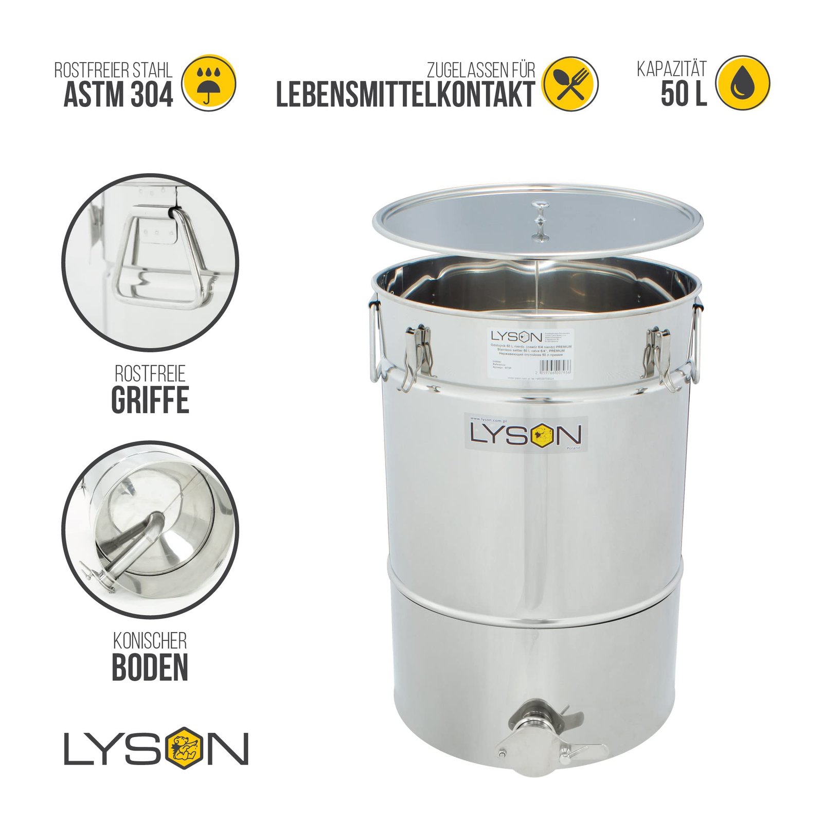 LYSON Honigabfüller Honigeimer Abfüllkübel Abfüllbehälter 50l (ca. 70 kg) für Honig mit konischem Boden Abdeckung Dichtung und Klammern aus Edelstahl TYPE (304) - Image 2