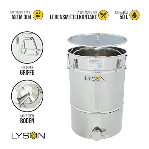 LYSON Honigabfüller Honigeimer Abfüllkübel Abfüllbehälter 50l (ca. 70 kg) für Honig mit konischem Boden Abdeckung Dichtung und Klammern aus Edelstahl TYPE (304) - Image 4