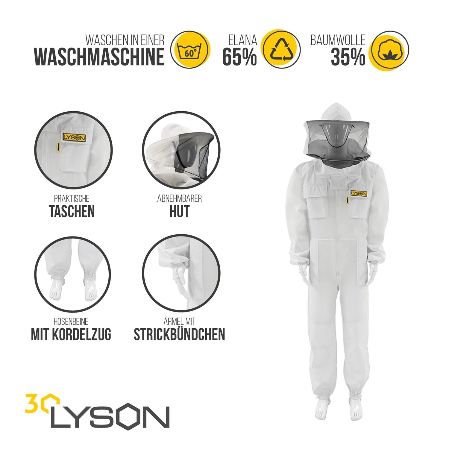 LYSON Imkeranzug aus Mesh und Baumwolle Imkeroverall mit abnehmbarem Hut belüftet Imkerbekleidung, Imkerjacke mit Reißverschluss Grösse XXL - Image 2