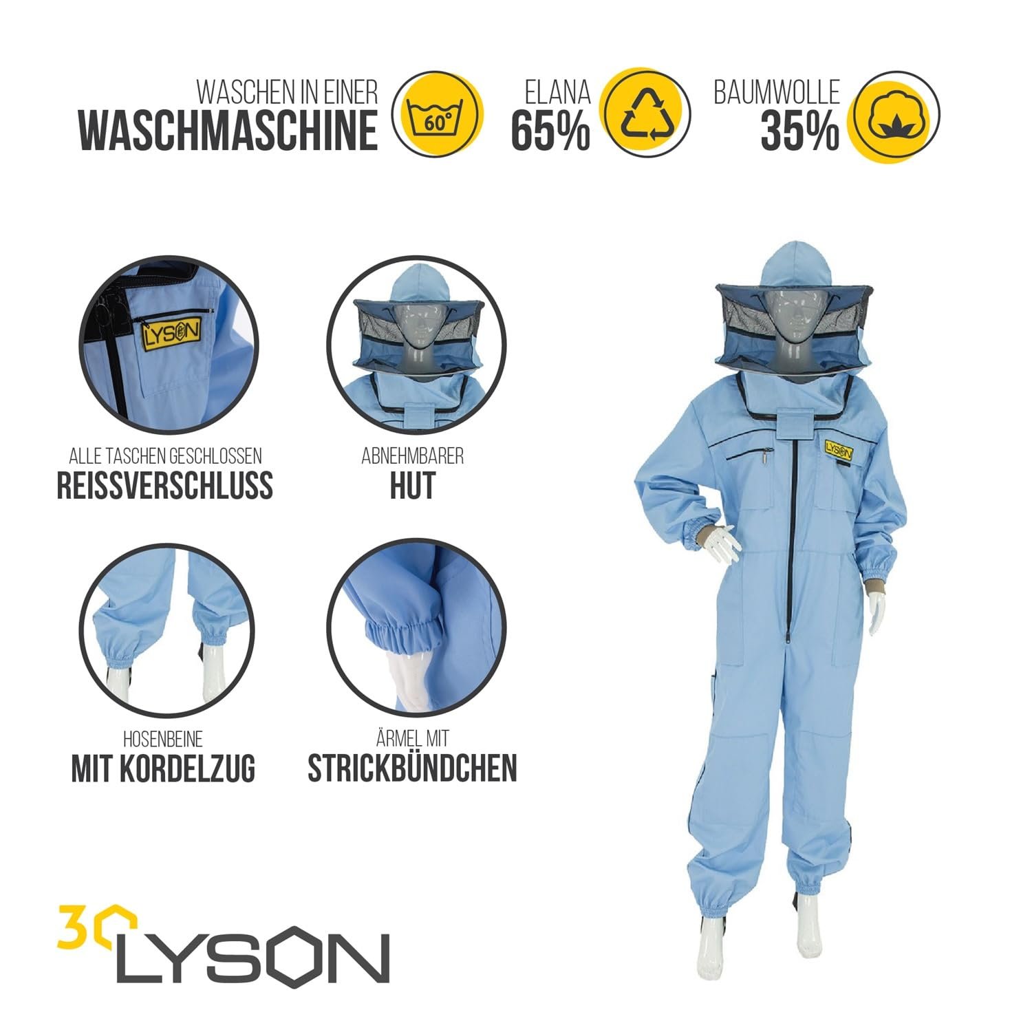 LYSON Imkeranzug mit Schleier, Bündchen an den Ärmeln und Beinen Imkeroverall Professionelle Imkerbekleidung mit abnehmbarem Hut, abnehmbarer Mütze Blau Grösse L - Image 2