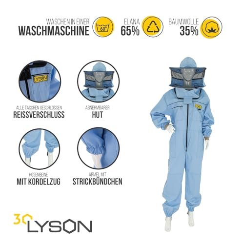 LYSON Imkeranzug mit Schleier, Bündchen an den Ärmeln und Beinen Imkeroverall Professionelle Imkerbekleidung mit abnehmbarem Hut, abnehmbarer Mütze Blau Grösse M - Image 4