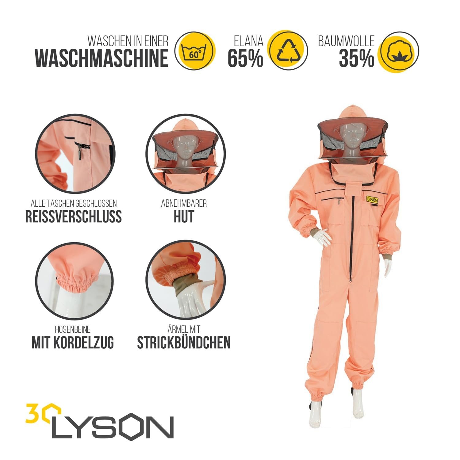 LYSON Imkeranzug mit Schleier, Bündchen an den Ärmeln und Beinen Imkeroverall Professionelle Imkerbekleidung mit abnehmbarem Hut, abnehmbarer Mütze Lachsfarbe Grösse L - Image 2