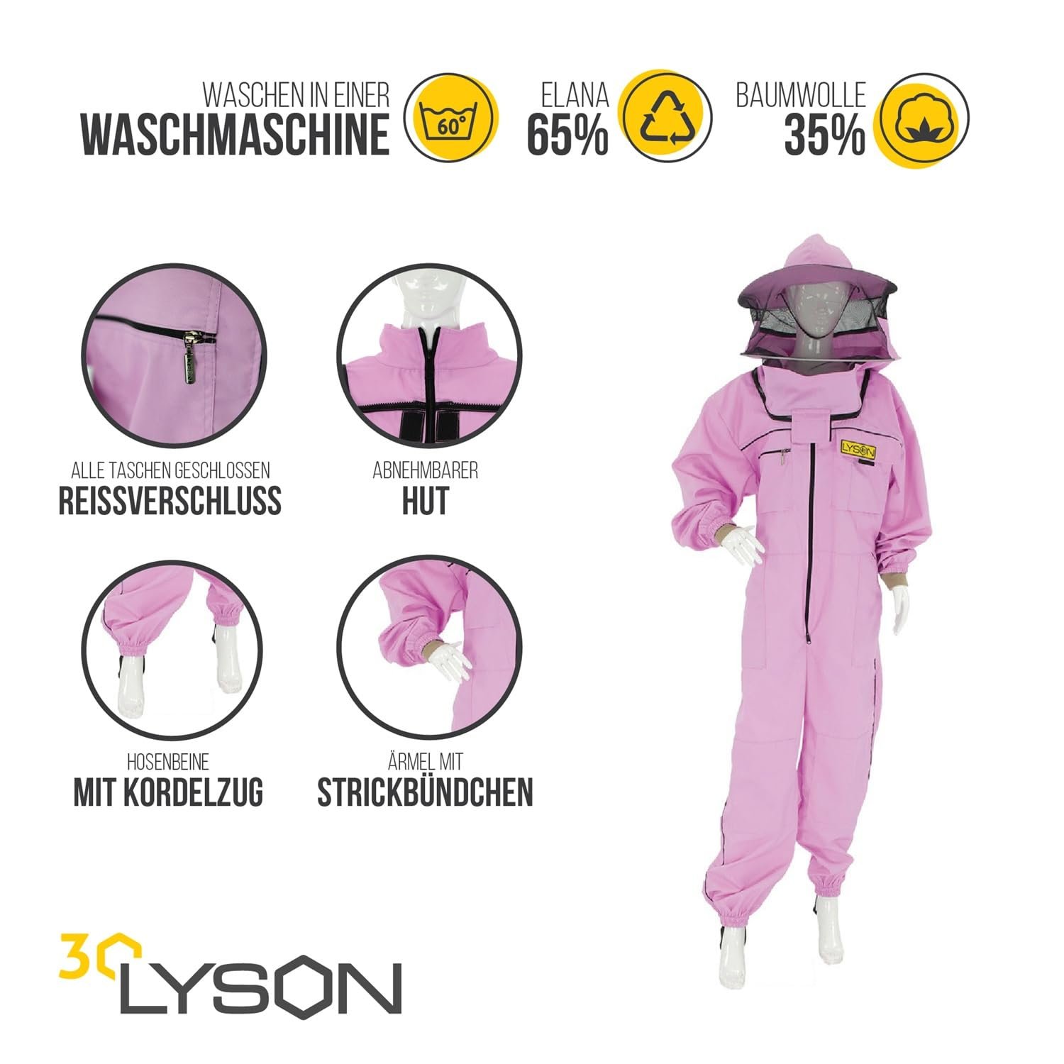 LYSON Imkeranzug mit Schleier, Bündchen an den Ärmeln und Beinen Imkeroverall Professionelle Imkerbekleidung mit abnehmbarem Hut, abnehmbarer Mütze Lilafarbe Grösse XS - Image 2