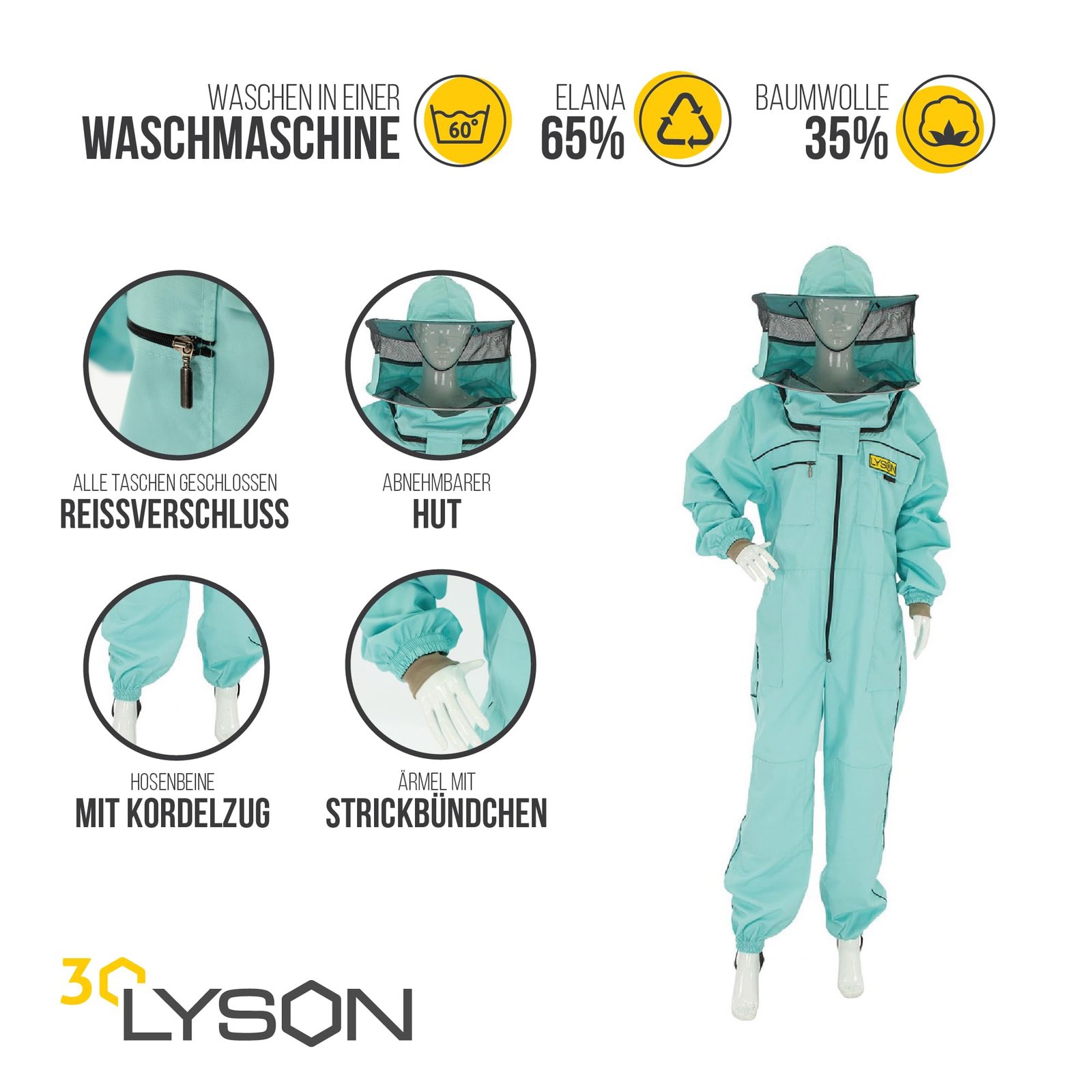 LYSON Imkeranzug mit Schleier, Bündchen an den Ärmeln und Beinen Imkeroverall Professionelle Imkerbekleidung mit abnehmbarem Hut, abnehmbarer Mütze türkis Grösse M - Image 2