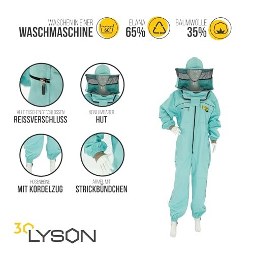 LYSON Imkeranzug mit Schleier, Bündchen an den Ärmeln und Beinen Imkeroverall Professionelle Imkerbekleidung mit abnehmbarem Hut, abnehmbarer Mütze türkis Grösse M - Image 4