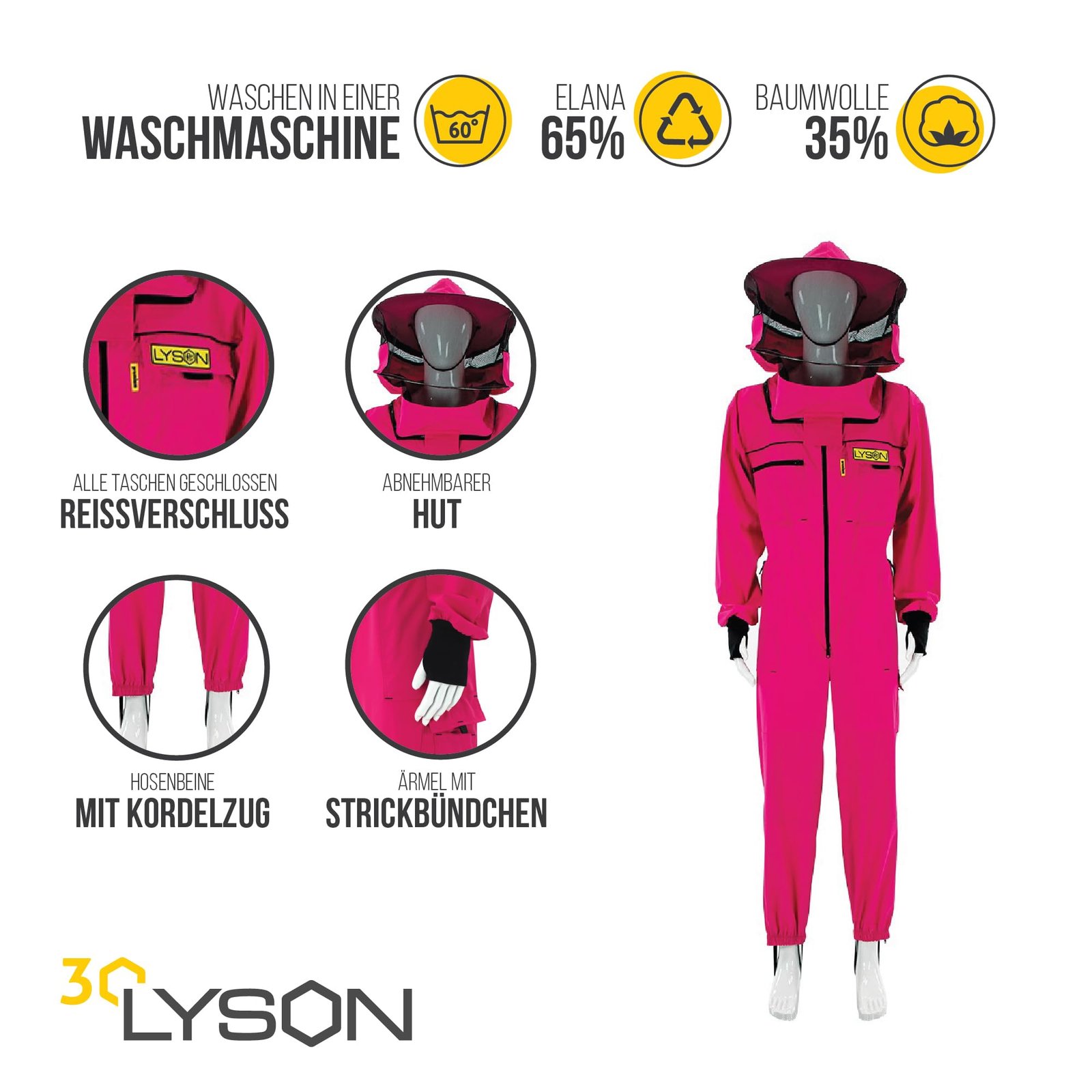 LYSON Imkeranzug mit Schleier, Handstulpen mit Daumenloch Imkeroverall belüftet Professionelle Imkerbekleidung mit abnehmbarem Hut Mütze PREMIUM, Rosa Grösse XL - Image 2