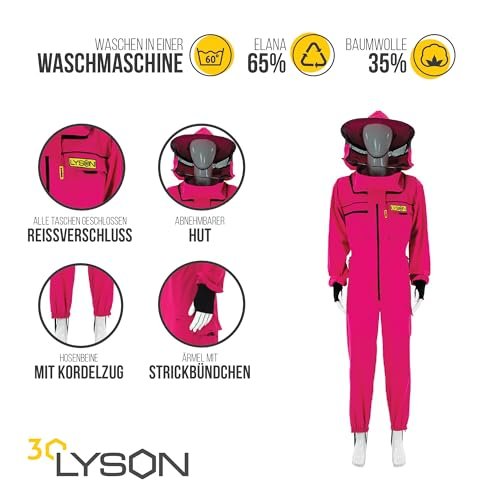LYSON Imkeranzug mit Schleier, Handstulpen mit Daumenloch Imkeroverall belüftet Professionelle Imkerbekleidung mit abnehmbarem Hut Mütze PREMIUM, Rosa Grösse XL - Image 3