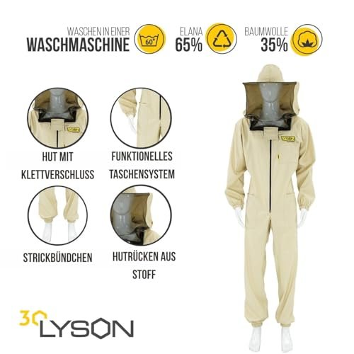 LYSON Imkeranzug mit abnehmarem Hut Rundschleier Berufsbienenanzug Imkeroverall Imkerbekleidung, schutz vor Bienen, Insekten Imkereibedarf Grösse (S-XXXL) Optima Line Imkerzubehör - Image 4