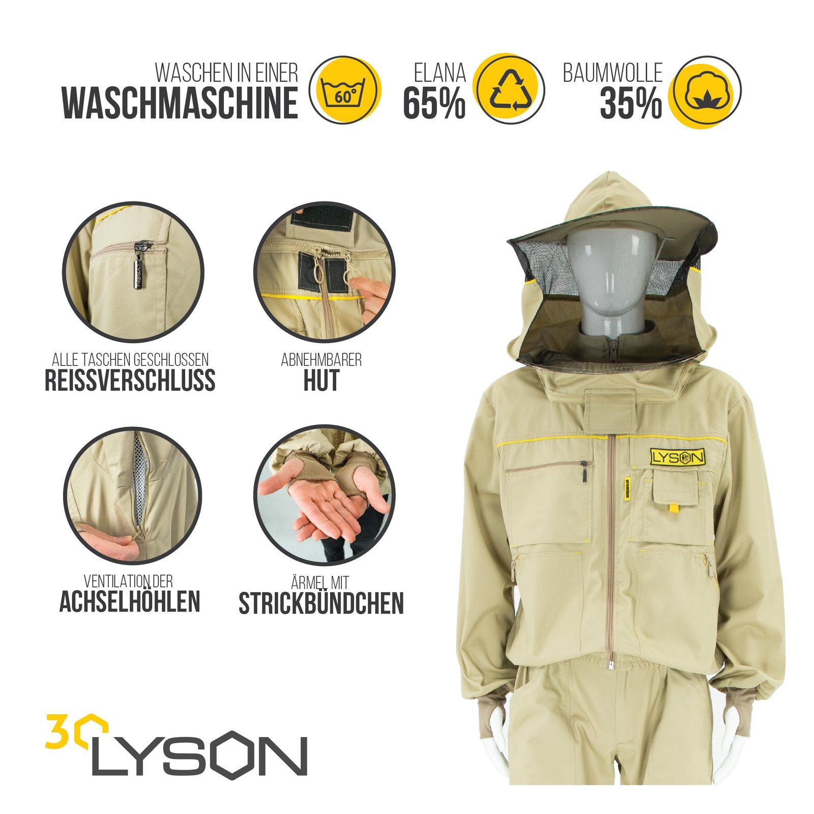 LYSON Imkerbluse mit abnehmbarem Hut/Imkerjacke mit Handstulpen mit Daumenloch Imkerbluse belüftet Professionelle Imkerbekleidung,Imkerjacke mit Reißverschluss PREMIUM (XL, Weiß) - Image 2