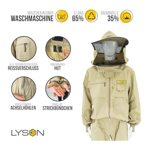 LYSON Imkerbluse mit abnehmbarem Hut/Imkerjacke mit Handstulpen mit Daumenloch Unisex Imkerbluse belüftet Professionelle Imkerbekleidung Imkerjacke mit Reißverschluss PREMIUM (L, Beige) - Image 4