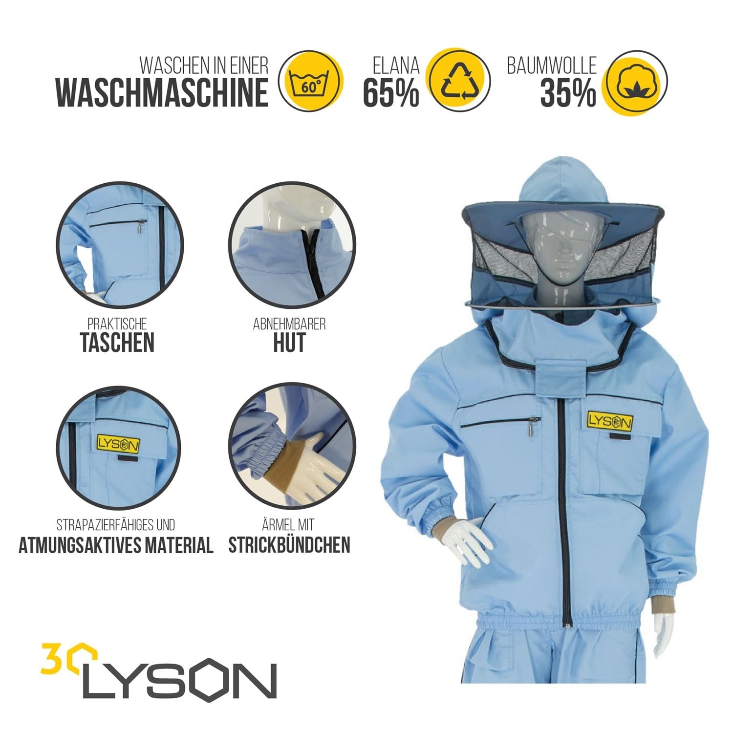 LYSON Imkerjacke mit Hut Imkerbluse Schutz vor Mücken und Insekten sportlicher Style – Imkerbekleidung Schutz vor Bienen Insekten Imkereibedarf Blau Größe S - Image 2