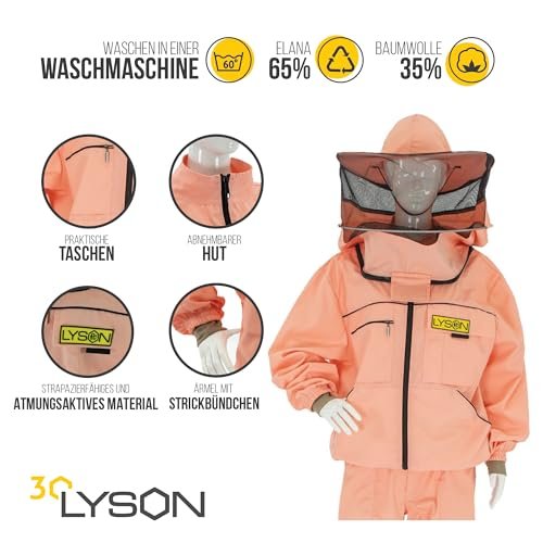 LYSON Imkerjacke mit Hut Imkerbluse Schutz vor Mücken und Insekten sportlicher Style – Imkerbekleidung Schutz vor Bienen Insekten Imkereibedarf Lachsfarbe Größe S - Image 3