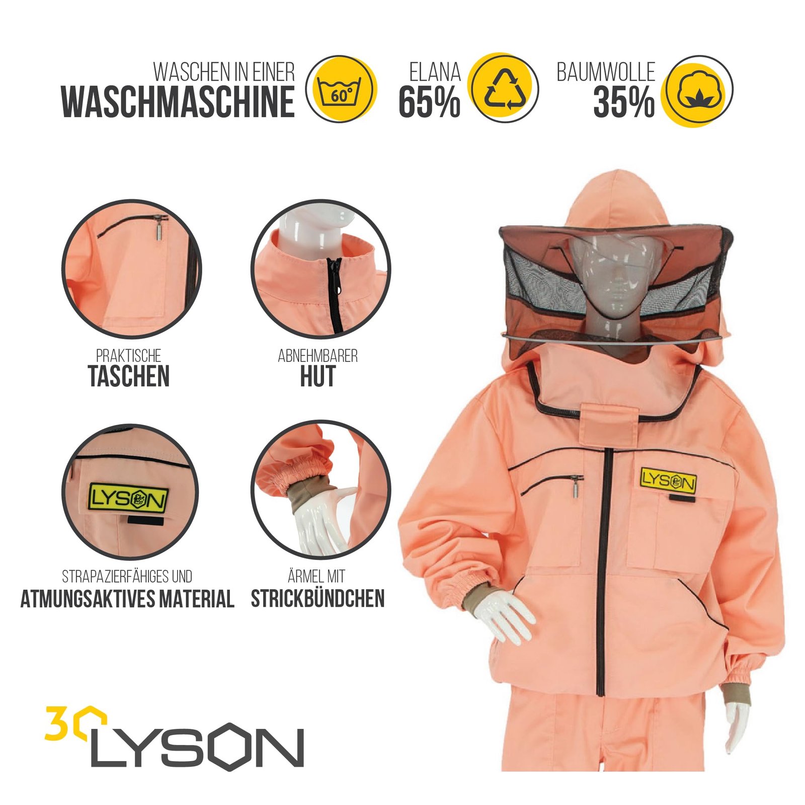LYSON Imkerjacke mit Hut Imkerbluse Schutz vor Mücken und Insekten sportlicher Style – Imkerbekleidung Schutz vor Bienen Insekten Imkereibedarf Lachsfarbe Größe XXXL - Image 2