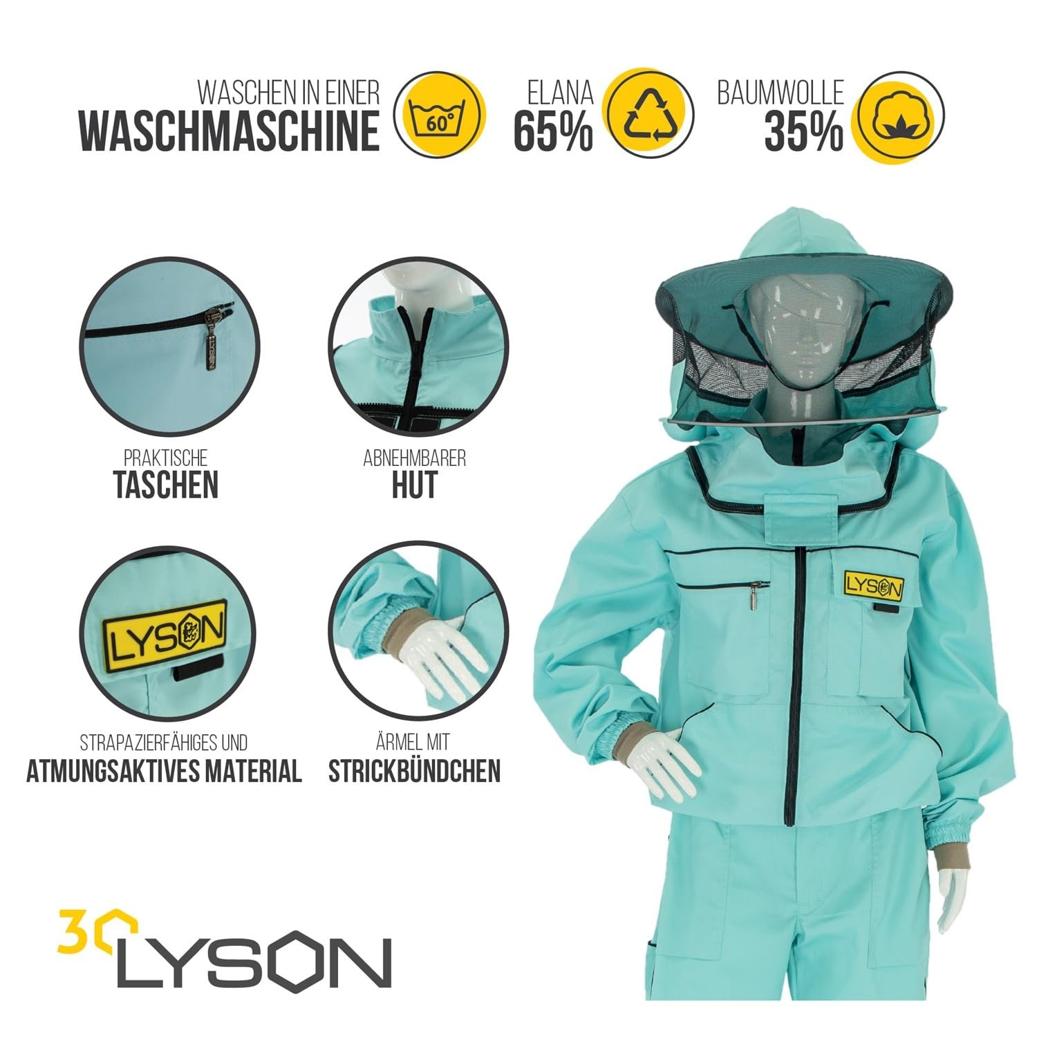 LYSON Imkerjacke mit Hut Imkerbluse Schutz vor Mücken und Insekten sportlicher Style – Imkerbekleidung Schutz vor Bienen Insekten Imkereibedarf Türkis Größe S - Image 2
