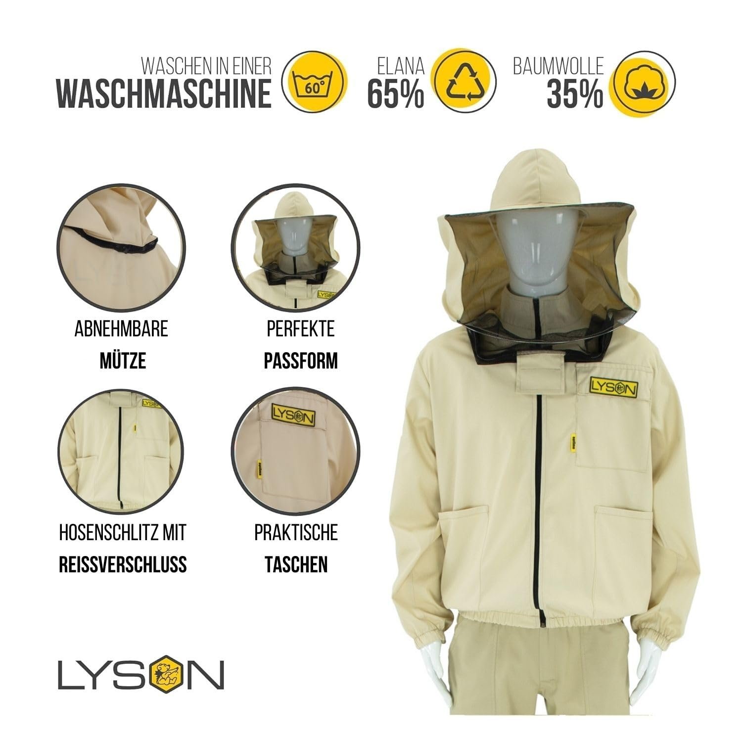 LYSON Imkerjacke mit abnehmbarem Hut, Imkerbluse mit Schleier, Schutzhemd für Imker Beekeeping Jacket Schutz gegen Bienen Insekten Imkerbekleidung Grösse S Imkereibedarf Imkerzubehör - Image 2