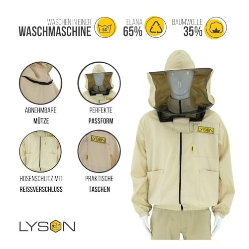 LYSON Imkerjacke mit abnehmbarem Hut, Imkerbluse mit Schleier, Schutzhemd für Imker Beekeeping Jacket Schutz gegen Bienen Insekten Imkerbekleidung Grösse S Imkereibedarf Imkerzubehör - Image 3