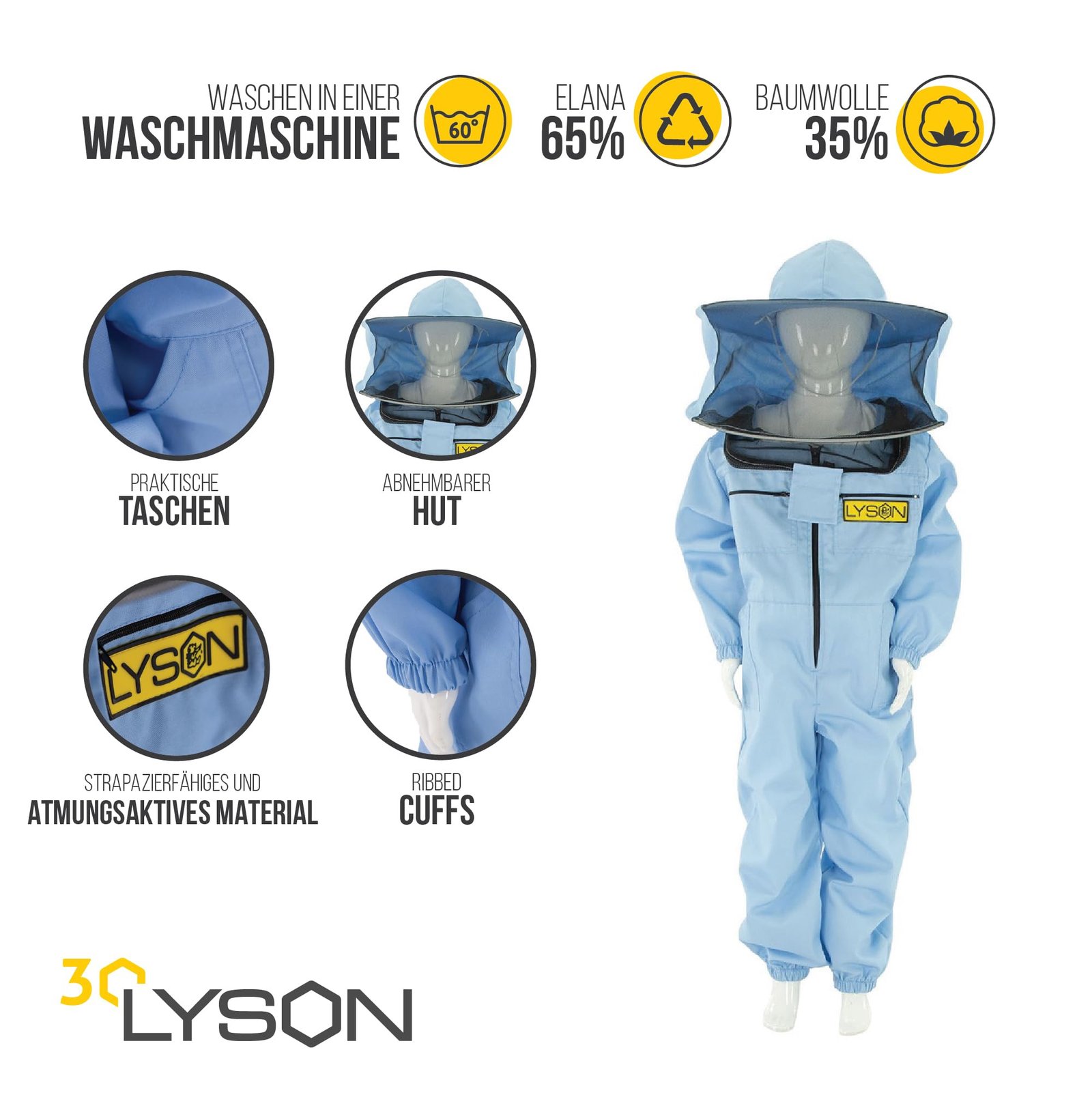 LYSON Kinderanzug mit abnehmbaren Hut Kinderoverall mit Schleier Kinderimkeranzug Schutzkleidung für Kinder, Imker Anzug Imkeranzug Schutz vor Bienen Blau Grösse 158 - Image 2