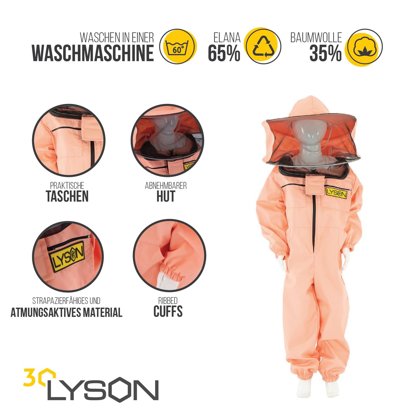 LYSON Kinderanzug mit abnehmbaren Hut Kinderoverall mit Schleier Kinderimkeranzug Schutzkleidung für Kinder, Imker Anzug Imkeranzug Schutz vor Bienen Lachsfarbe Grösse 116 - Image 2