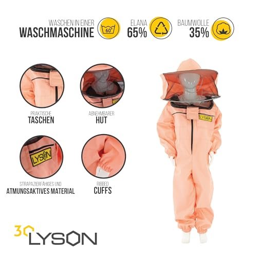LYSON Kinderanzug mit abnehmbaren Hut Kinderoverall mit Schleier Kinderimkeranzug Schutzkleidung für Kinder, Imker Anzug Imkeranzug Schutz vor Bienen Lachsfarbe Grösse 146 - Image 4