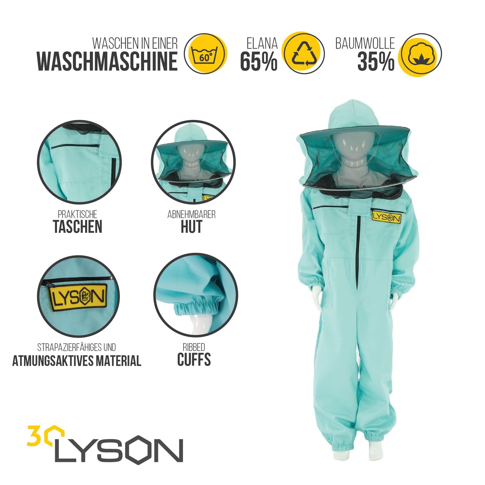 LYSON Kinderanzug mit abnehmbaren Hut Kinderoverall mit Schleier Kinderimkeranzug Schutzkleidung für Kinder, Imker Anzug Imkeranzug Schutz vor Bienen Türkis Grösse 158 - Image 2