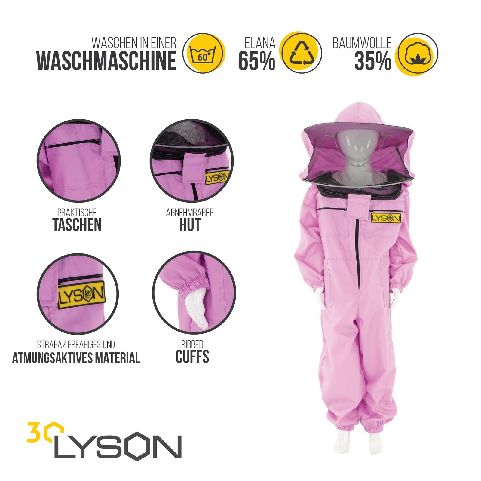 LYSON Kinderanzug mit abnehmbaren Hut Kinderoverall mit Schleier Schutzkleidung für Kinder, Imker Anzug Imkeranzug Schutz vor Bienen Lilafarbe Grösse 158 - Image 2